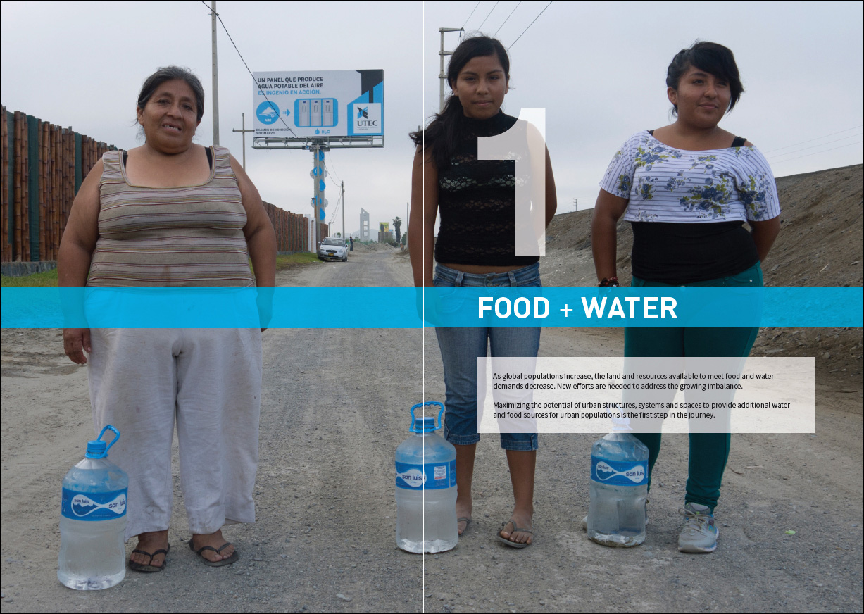A spread from the Reprogramming the City book featuring UTEC's Water Billboard, Lima, Peru.