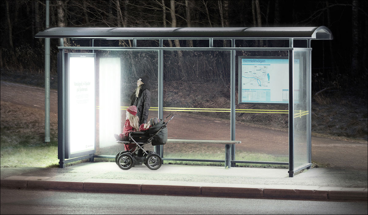 Converted bus stop to boost mental health during the winter with light therapy lamps, Umeå, Sweden.