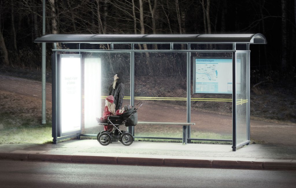 Bus Stop in Umeå, Sweden, transformed into a “light therapy” booth to boost public mental health during dark winter months.